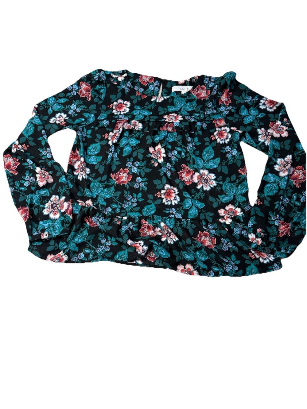LOFT Women's XS - NWOT Long Sleeve Black/Pink/Jade Floral Vine Peplum Blouse